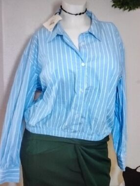 Ava & Viv Cotton Light Blue Button Down Striped Shirt